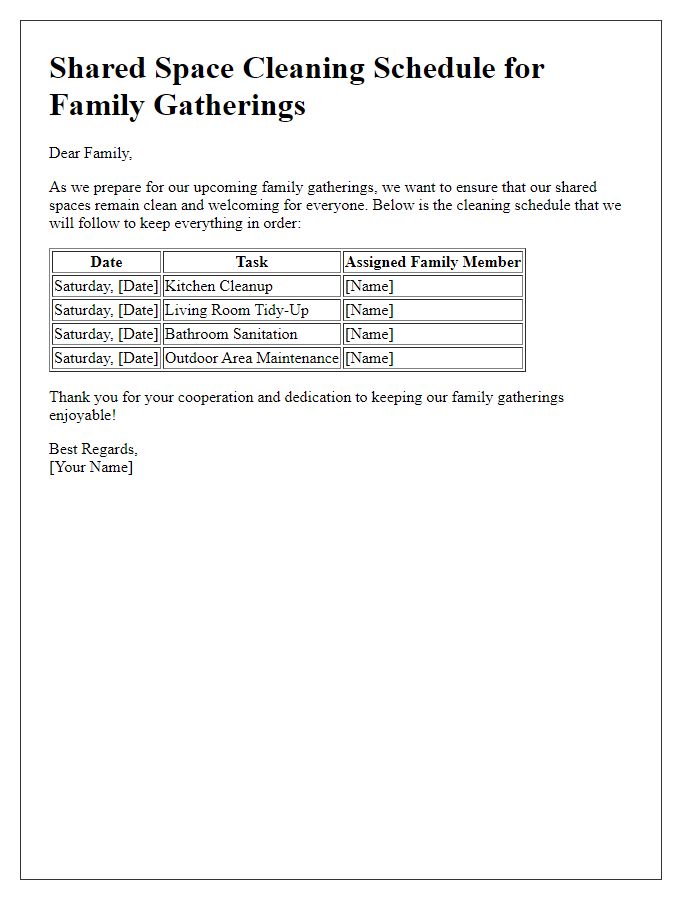 Letter template of shared space cleaning schedule for family gatherings