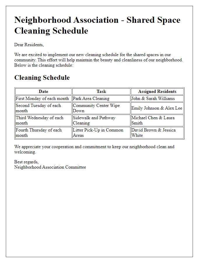 Letter template of shared space cleaning schedule for neighborhood association