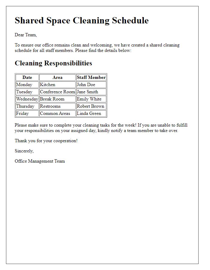 Letter template of shared space cleaning schedule for office staff