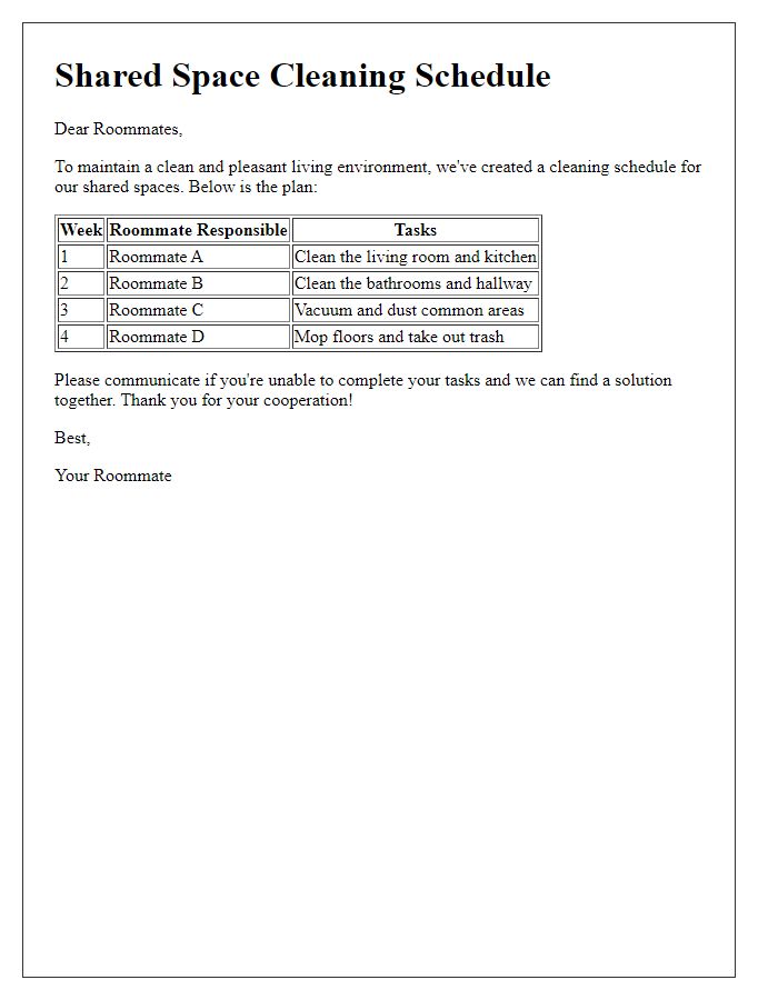 Letter template of shared space cleaning schedule for roommates