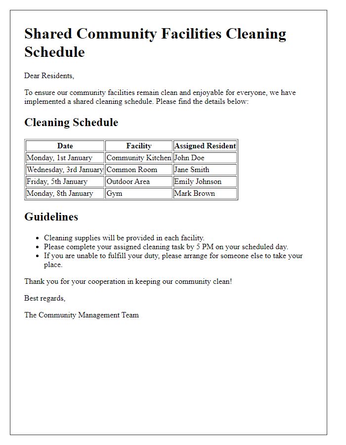 Letter template of shared space cleaning schedule for shared community facilities