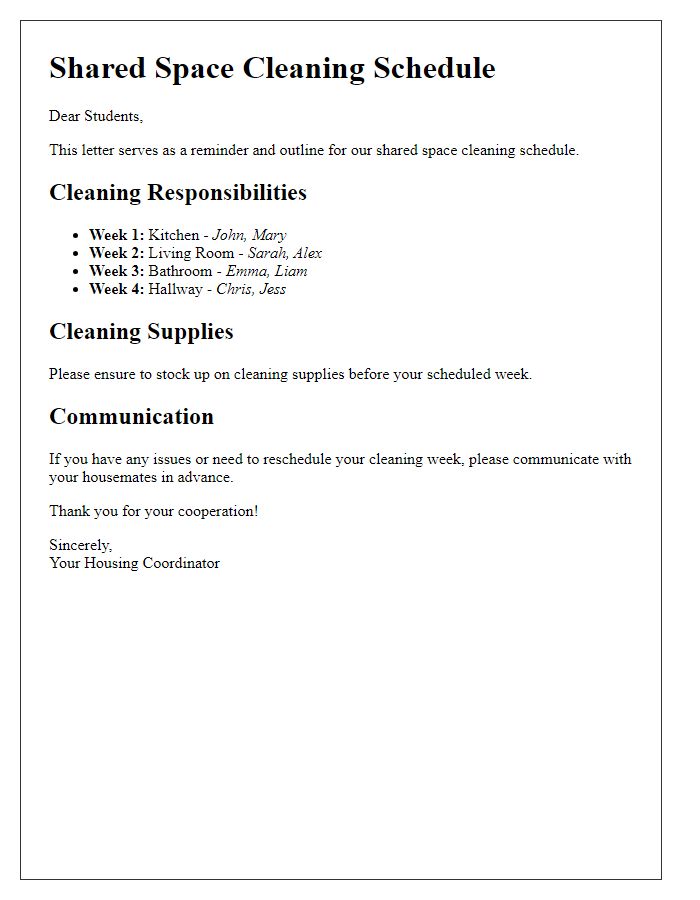 Letter template of shared space cleaning schedule for student housing