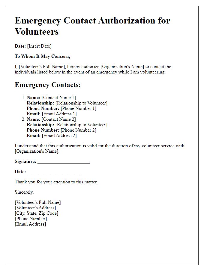 Letter template of emergency contact authorization for volunteers.