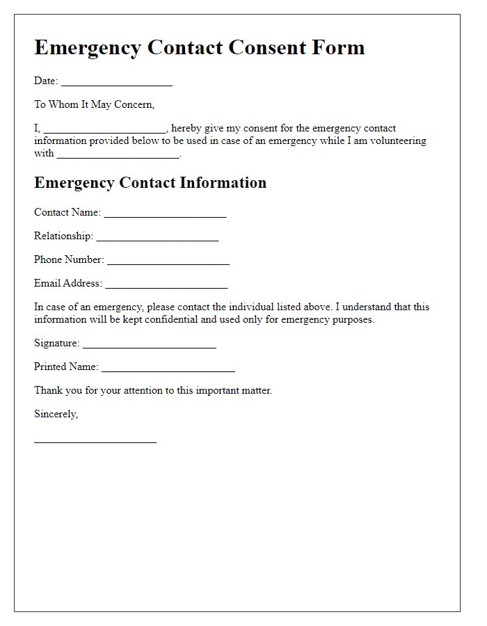 Letter template of emergency contact consent form for volunteers.