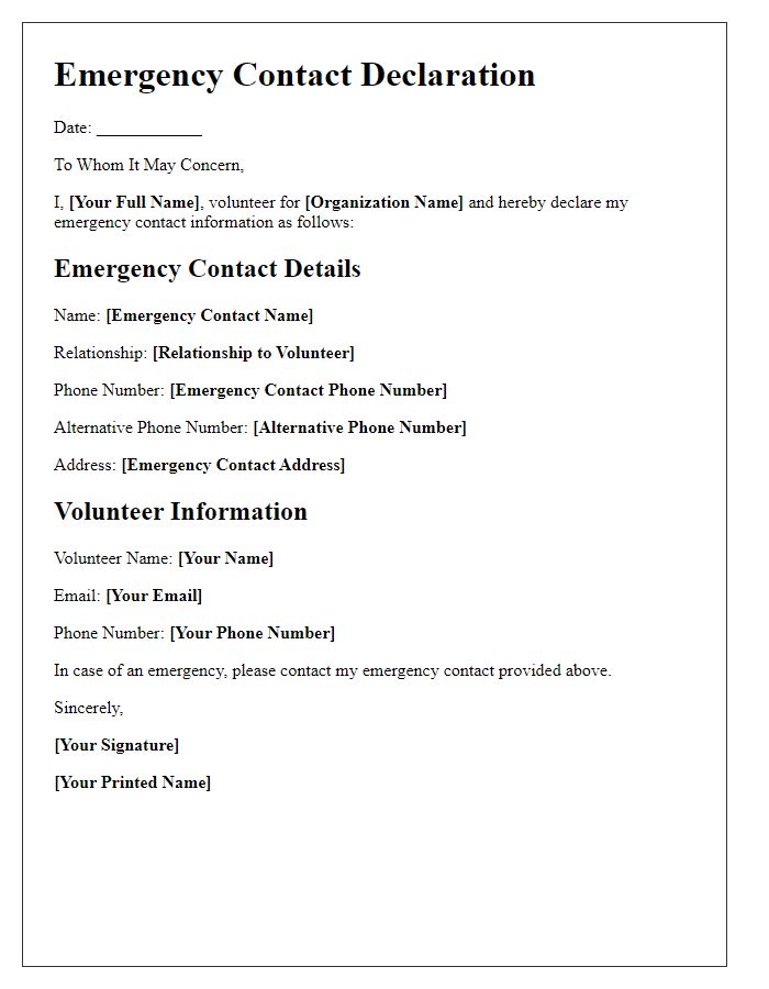 Letter template of emergency contact declaration for volunteers.