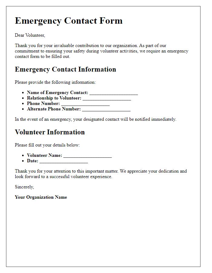 Letter template of emergency contact form for volunteer activities.