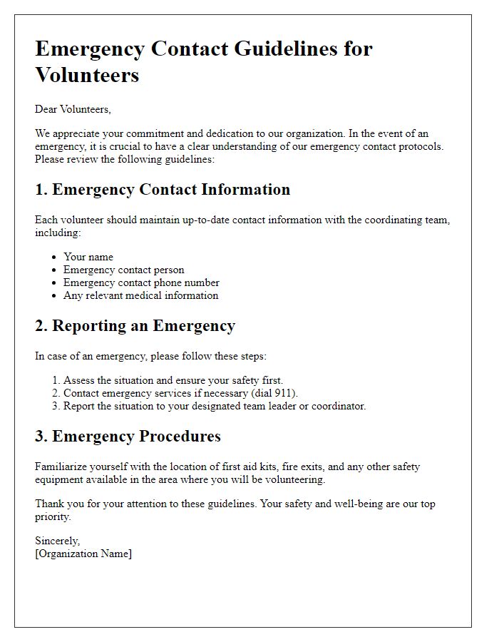 Letter template of emergency contact guidelines for volunteers.