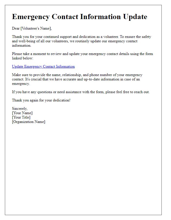 Letter template of emergency contact information update for volunteers.