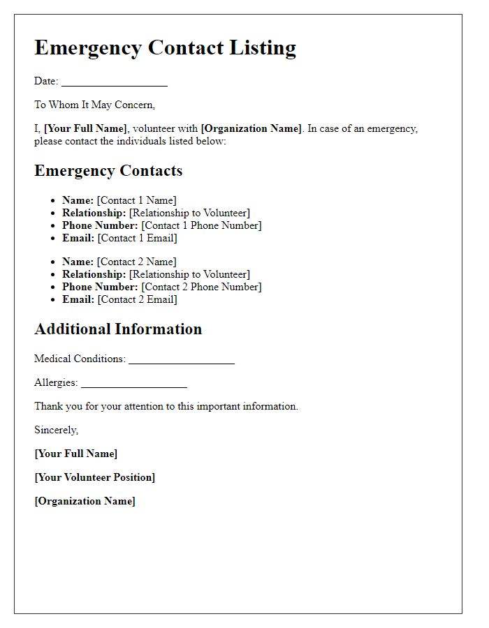 Letter template of emergency contact listing for volunteer programs.