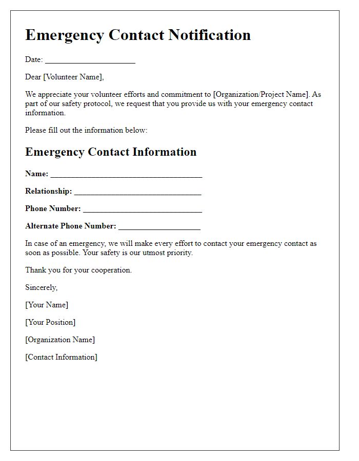 Letter template of emergency contact notification for volunteers.