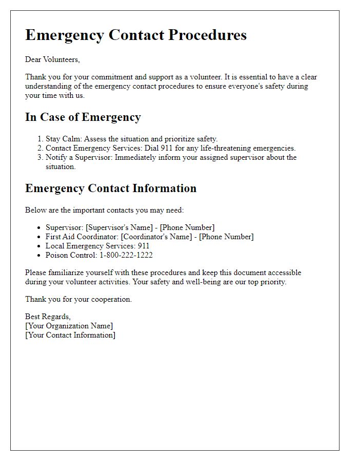 Letter template of emergency contact procedures for volunteers.