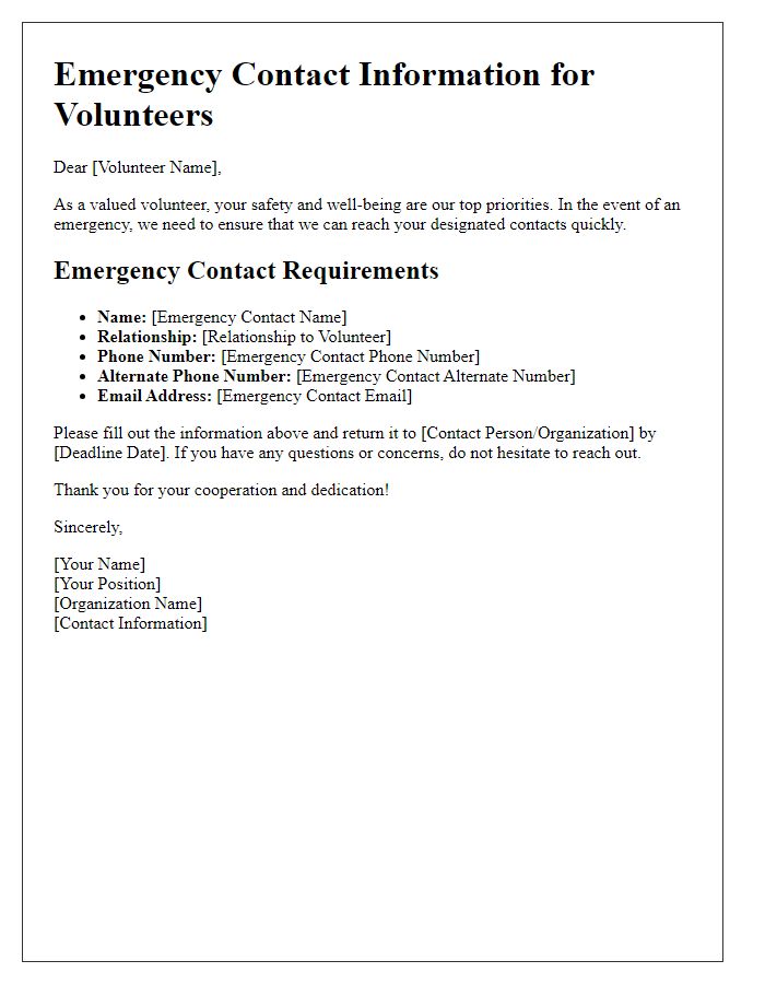 Letter template of emergency contact requirements for volunteers.