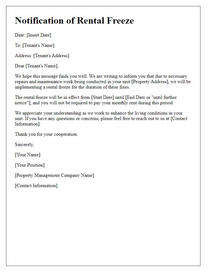 Letter template of Notification for Rental Freeze While Fixes Are Made