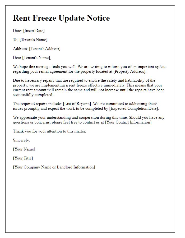 Letter template of Rent Freeze Update Due to Required Repairs