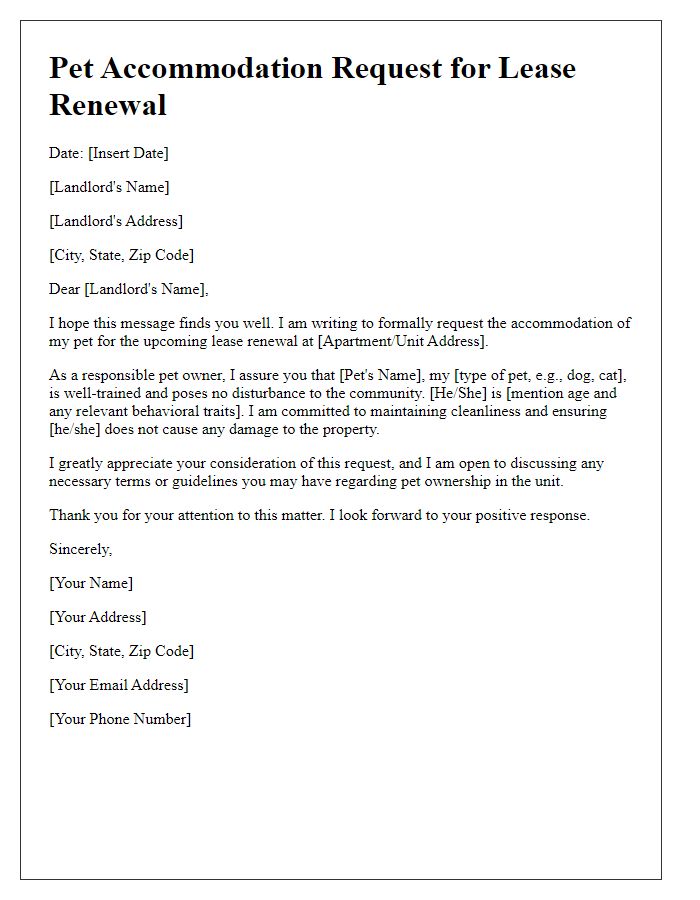 Letter template of pet accommodation request for lease renewal.