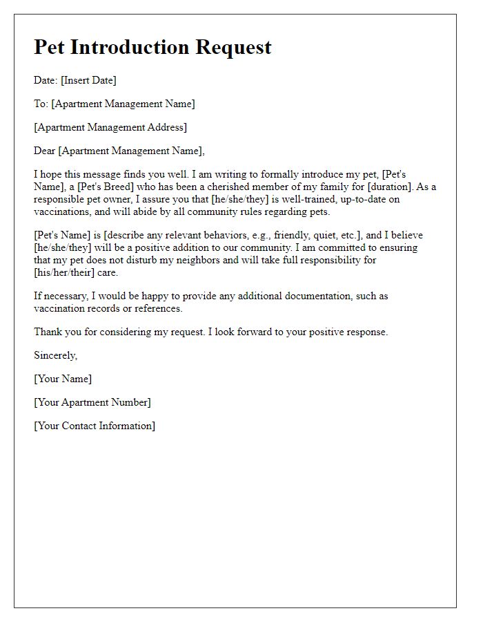 Letter template of pet introduction request for apartment management.