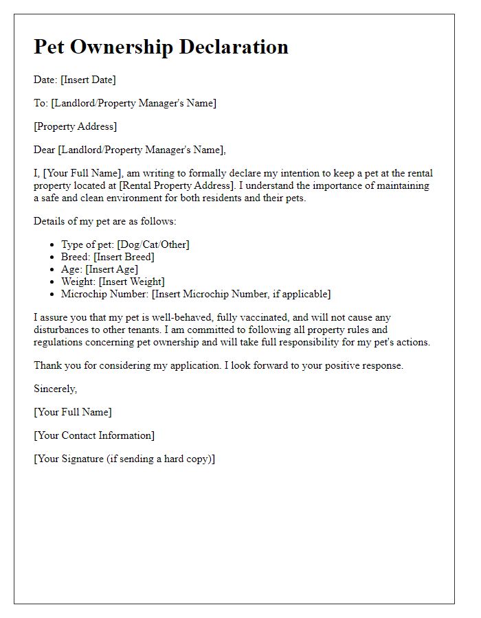 Letter template of pet ownership declaration for rental applications.