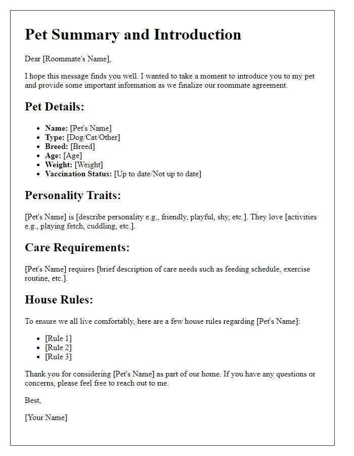 Letter template of pet summary and introduction for roommate agreements.