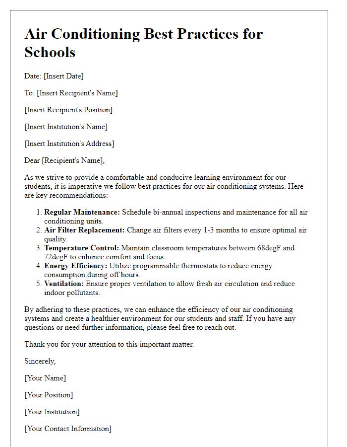 Letter template of air conditioning best practices for schools and educational institutions