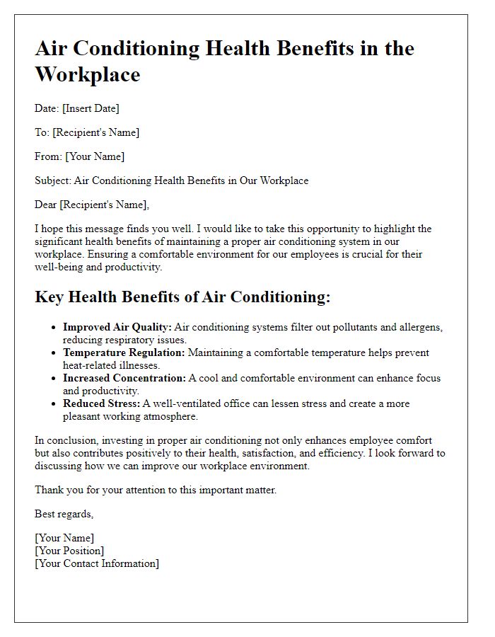 Letter template of air conditioning health benefits information for workplaces