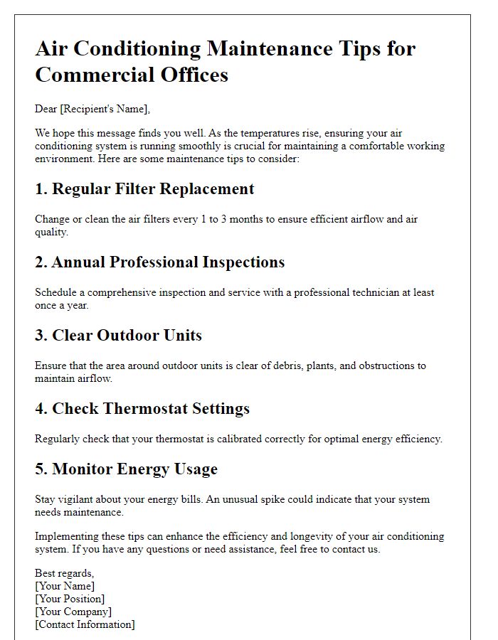 Letter template of air conditioning maintenance tips for commercial offices