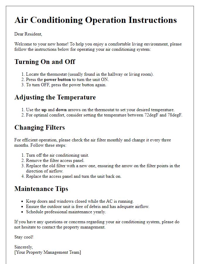 Letter template of air conditioning operation instructions for residential settings