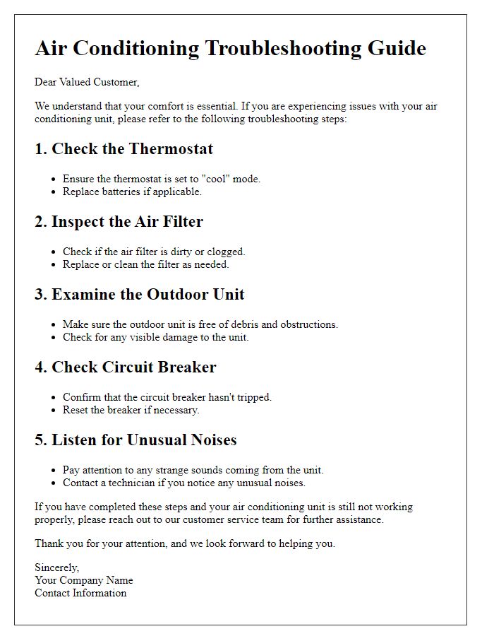 Letter template of air conditioning troubleshooting guide for customers