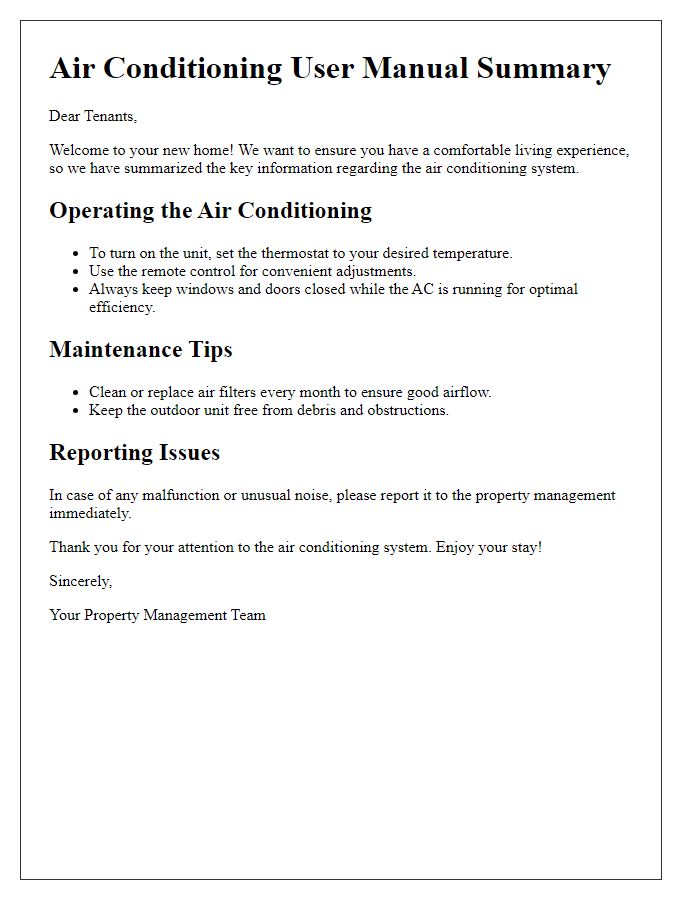 Letter template of air conditioning user manual summary for tenants