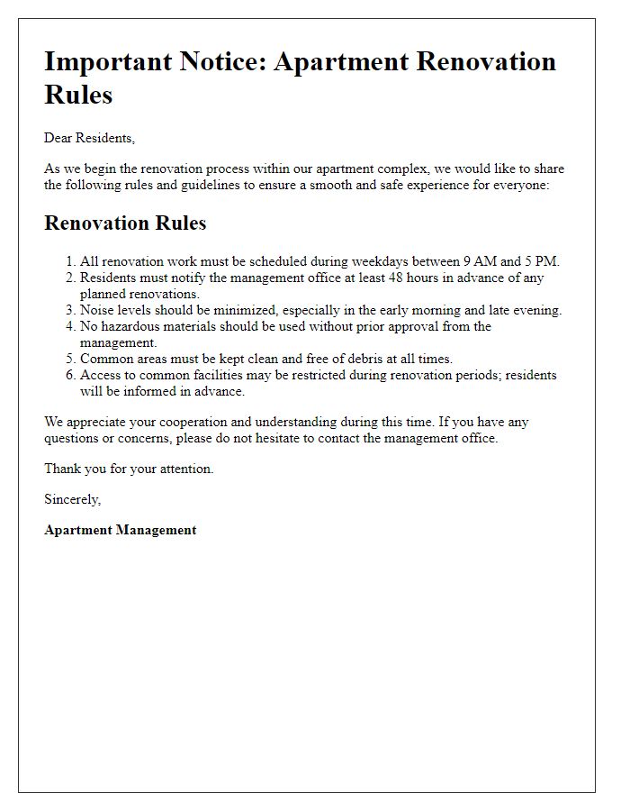 Letter template of apartment renovation rules for residents