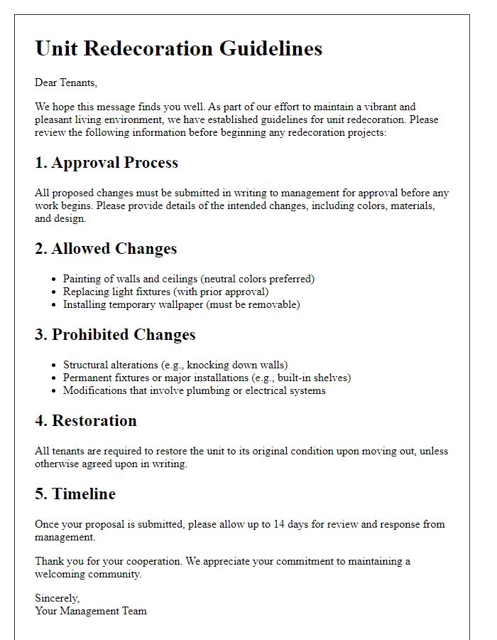 Letter template of unit redecoration guidelines for tenants