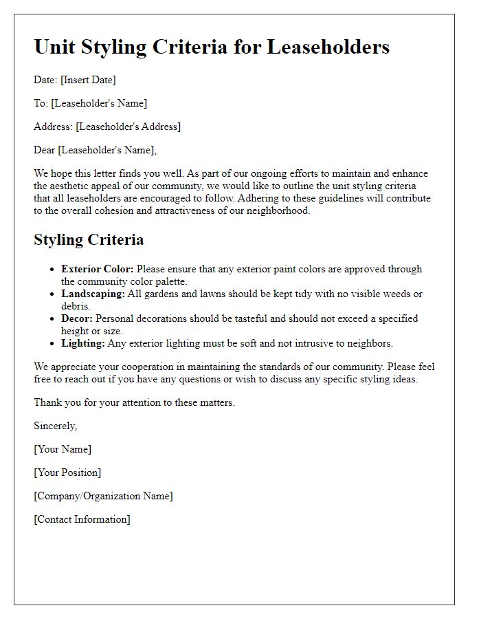 Letter template of unit styling criteria for leaseholders