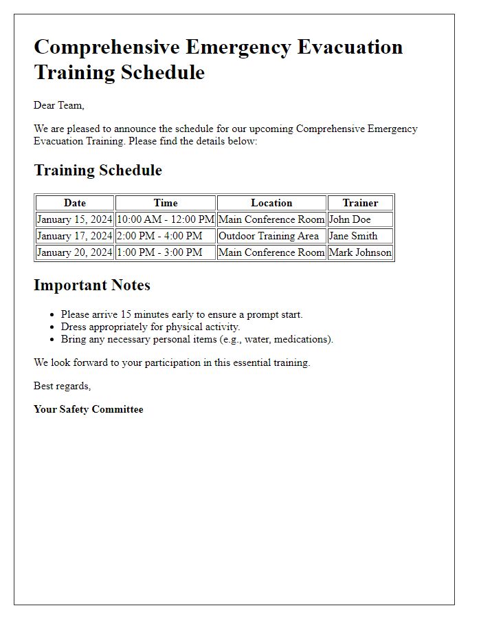 Letter template of comprehensive emergency evacuation training schedule