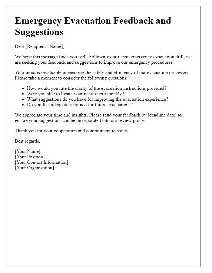 Letter template of emergency evacuation feedback and suggestions request