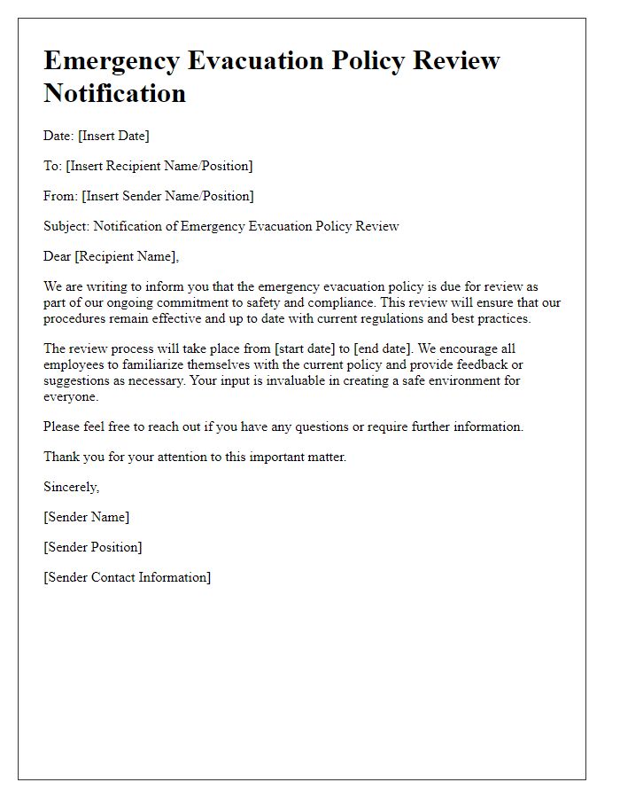 Letter template of emergency evacuation policy review notification