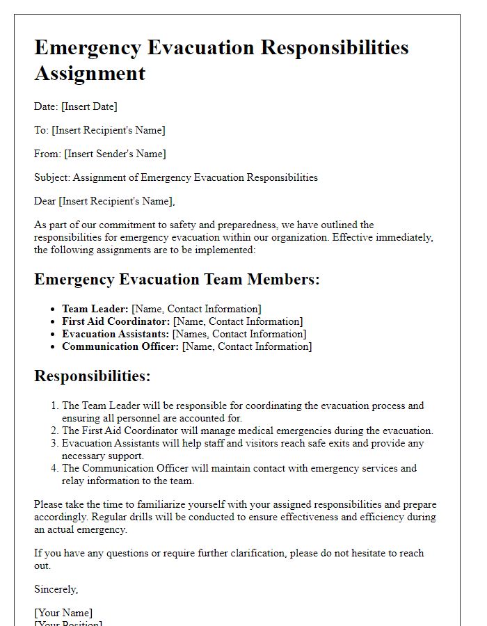 Letter template of emergency evacuation responsibilities assignment