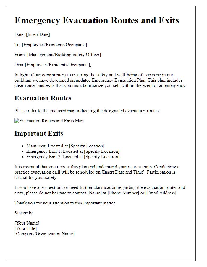 Letter template of emergency evacuation routes and exits map