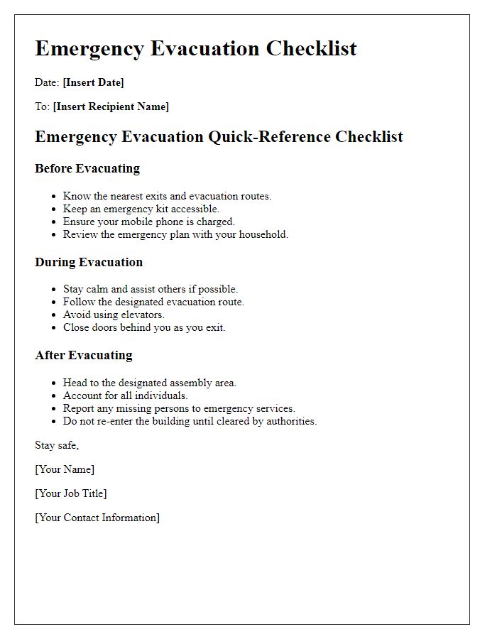 Letter template of quick-reference emergency evacuation checklist