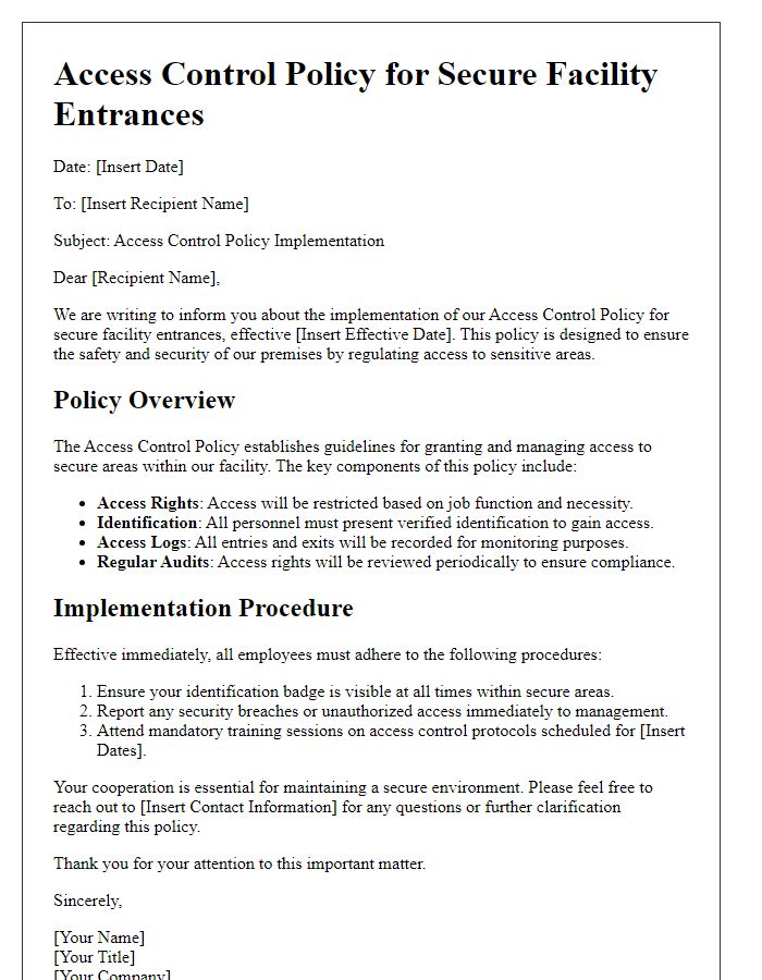 Letter template of Access Control Policy for Secure Facility Entrances