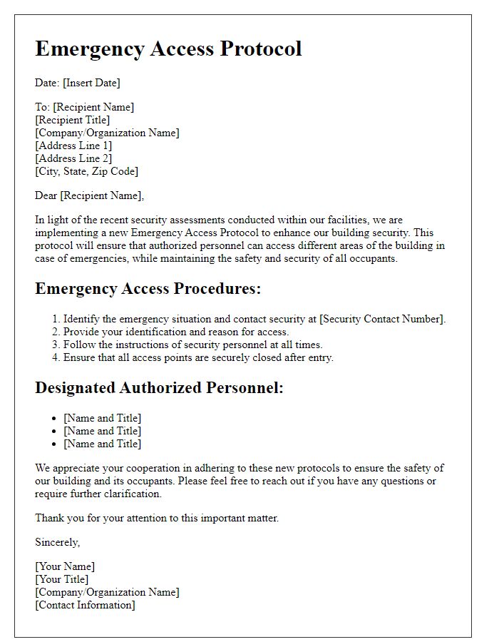 Letter template of Emergency Access Protocol for Building Security