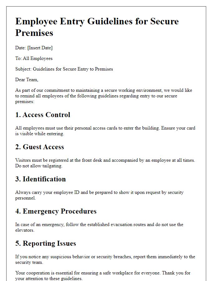 Letter template of Employee Entry Guidelines for Secure Premises