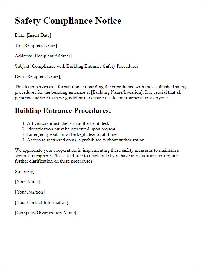 Letter template of Safety Compliance for Building Entrance Procedures