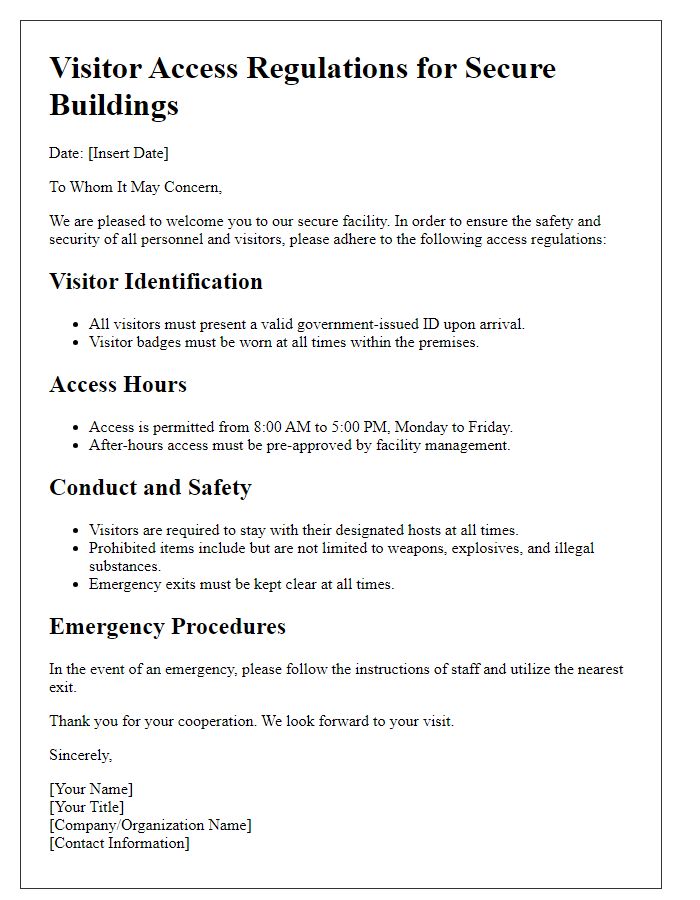 Letter template of Visitor Access Regulations for Secure Buildings