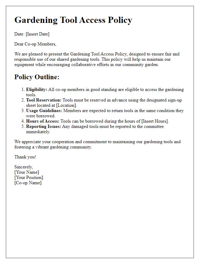 Letter template of gardening tool access policy for co-op members.