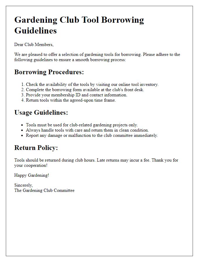 Letter template of gardening tool borrowing guidelines for club members.