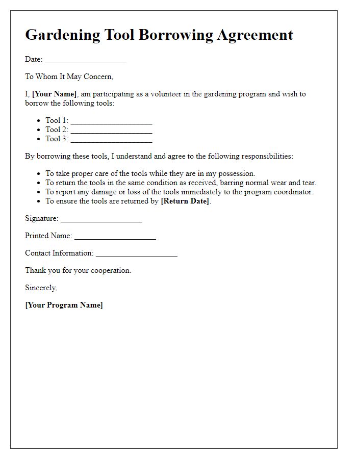 Letter template of gardening tool borrowing responsibilities for volunteer programs.