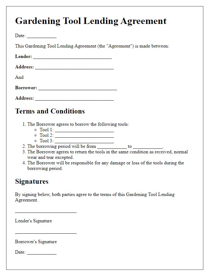 Letter template of gardening tool lending agreement for community members.