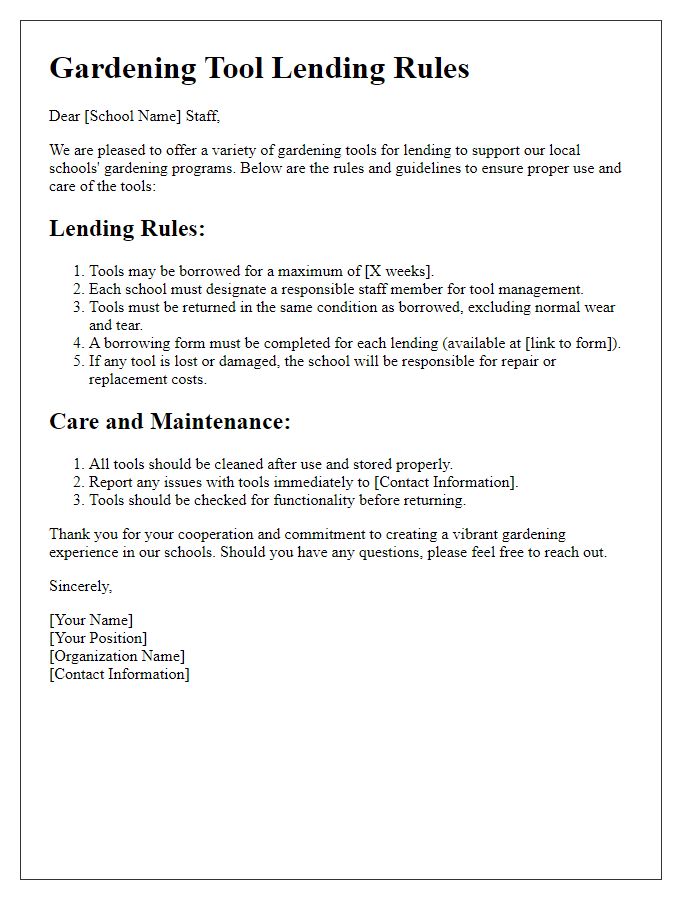 Letter template of gardening tool lending rules for local schools.