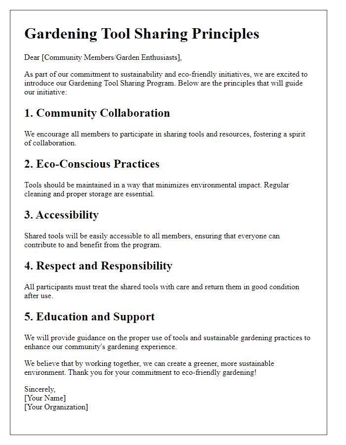 Letter template of gardening tool sharing principles for eco-friendly initiatives.