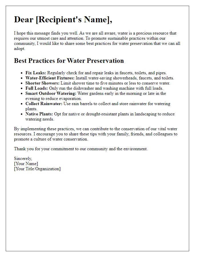 Letter template of best practices for water preservation