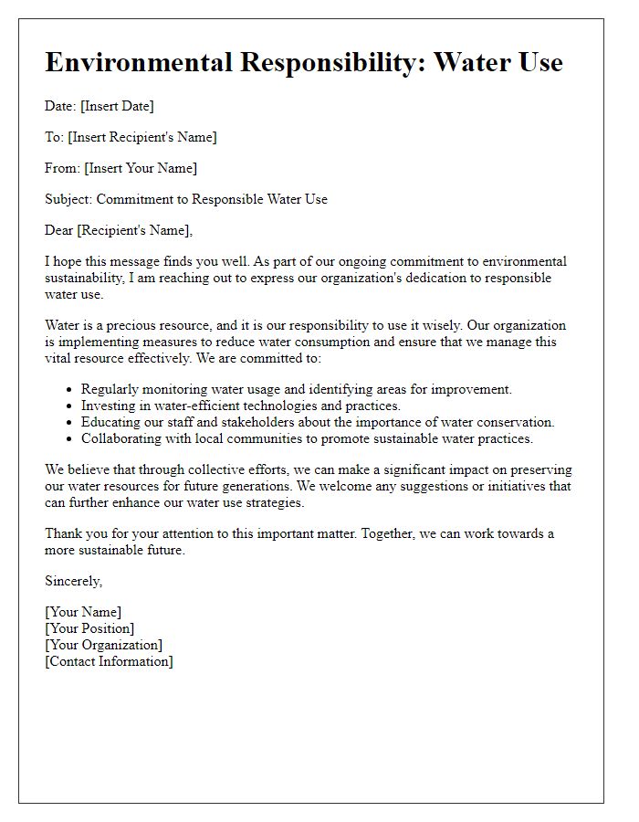 Letter template of environmental responsibility for water use